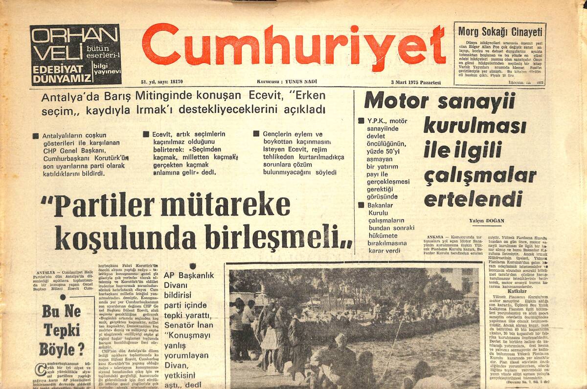 Cumhuriyet Gazetesi 3 Mart 1975 - ATAŞ'daki Üretim Gerilemesi Mazot Sıkıntısı Yaratacak - Motor Sanayii Kurulması İle İlgili Çalışmalar Ertelendi GZ143722 - 1