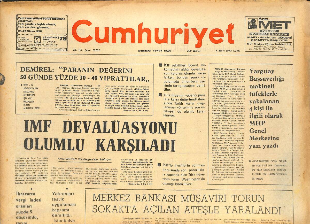 Cumhuriyet Gazetesi 3 Mart 1978 - IMF Devalüasyonu Olumlu Karşıladı - Stalin'in İtibarının İade Edilebileceği Bildiriliyor GZ143663 - 1
