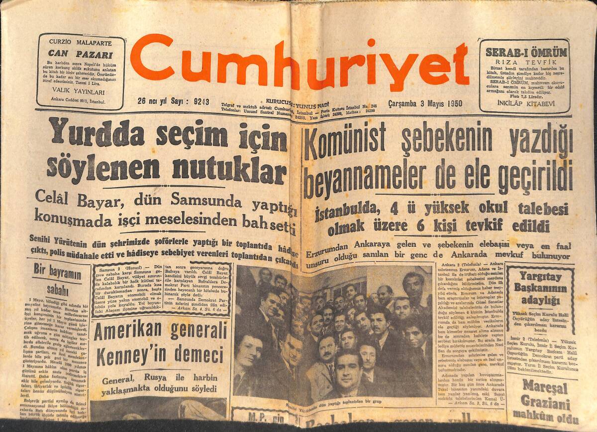 Cumhuriyet Gazetesi 3 Mayıs 1950 - Hidrojen Bombası Karşısında Amerika'yı Düşündüren Meseleler - Mareşal Graziani Mahkum Oldu GZ146726 - 1