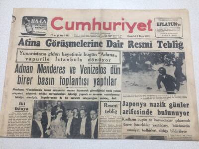 Cumhuriyet Gazetesi 3 Mayıs 1952 - Atina Görüşmelerine Dair Tebliğ GZ52779 - 1