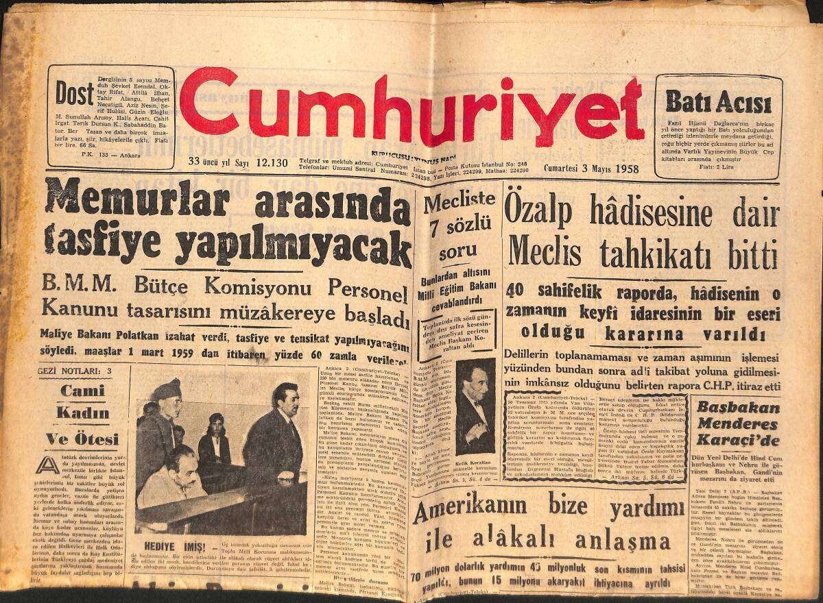 Cumhuriyet Gazetesi 3 Mayıs 1958 - Özalp Hadisesine Dair Meclis Tahkikatı Bitti - Memurlar Arasında Tasfiye Yapılmayacak! GZ139097 - 1