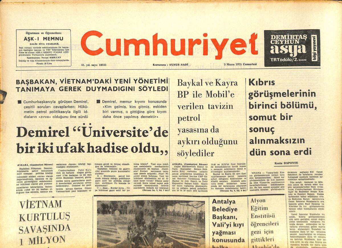 Cumhuriyet Gazetesi 3 Mayıs 1975 - Vietnam Kurtuluş Savaşında 1 Milyon 700 Bin Kişi Öldü - Amerika Arapların Tanker Alımını Önlemeye Çalışıyor GZ143628 - 1