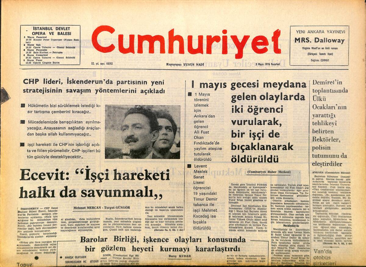 Cumhuriyet Gazetesi 3 Mayıs 1976 - Ecevit : '' İşçi Hareketi Halkı da Savunmalı'' - CİA Bu Kez de Dünyanın Hava Durumuna El Attı GZ161088 - 1