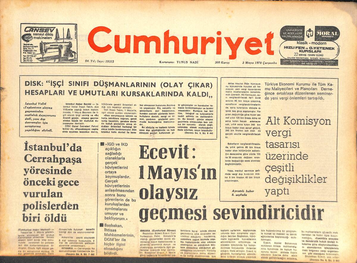 Cumhuriyet Gazetesi 3 Mayıs 1978 - Ecevit: 1 Mayıs'ın Olaysız Geçmesi Sevindirici - Yeni Toprak Yasası GZ143823 - 1