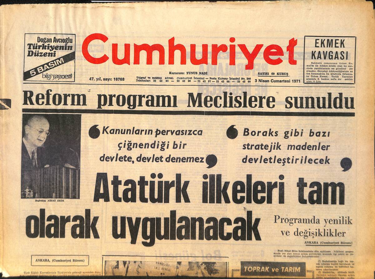 Cumhuriyet Gazetesi 3 Nisan 1971 - Tikka Han'ın Sağ Olduğu Anlaşıldı - Reform Programı Meclislere Sunuldu GZ161203 - 1