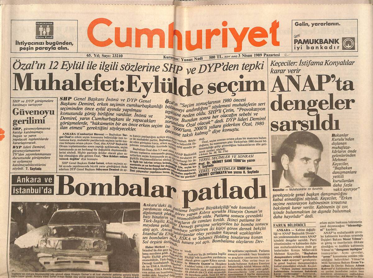 Cumhuriyet Gazetesi 3 Nisan 1989 - ANAP'ta Dengeler Sarsıldı - Yaser Arafat Devlet Başkanı GZ151950 - 1