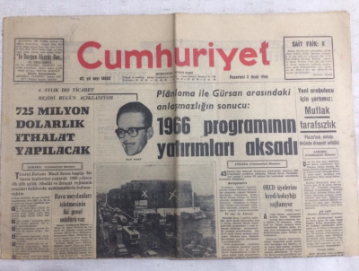 Cumhuriyet Gazetesi 3 Ocak 1966 - 1966 Programının Yatırımları Aksadı - GZ19160 - 1