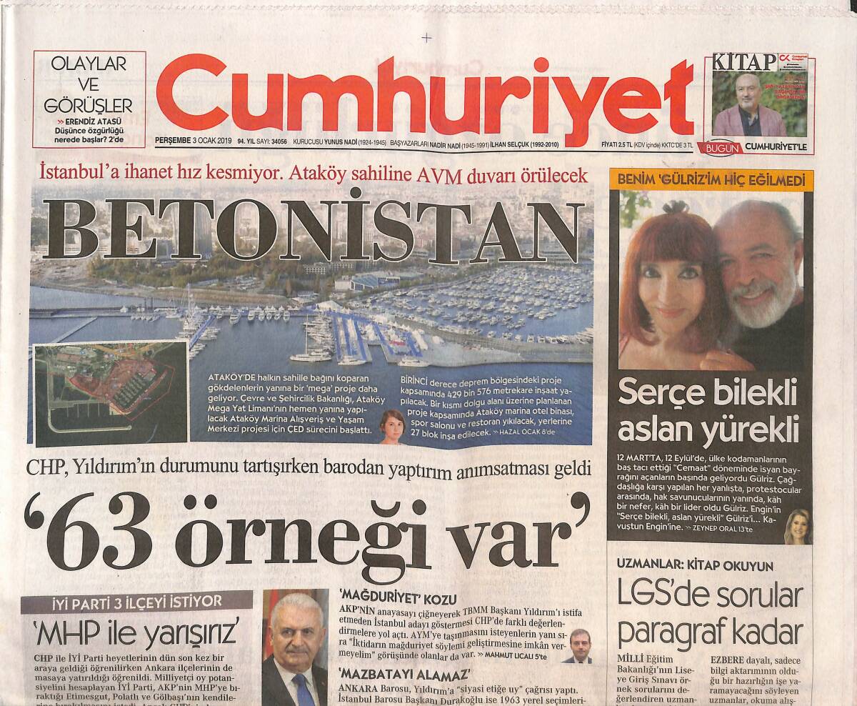 Cumhuriyet Gazetesi 3 Ocak 2019 - Daralan Ekonomi Yurttaşa Çektirdi - İki Kadın Tarih Yazdı - Marina Görünümlü AVM GZ135491 - 1