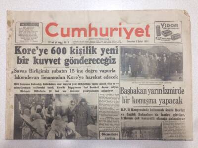 Cumhuriyet Gazetesi 3 Şubat 1951 - Koreye 600 Kişilik Yeni Bir Kuvvet Göndereceğiz GZ52591 - 1
