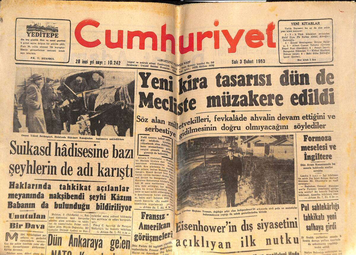 Cumhuriyet Gazetesi 3 Şubat 1953 - Yeni Kira Tasarısı Dün De Mecliste Müzakere Edildi - Eisenhower'in Dış Siyasetini Açıklayan İlk Nutku GZ146484 - 1
