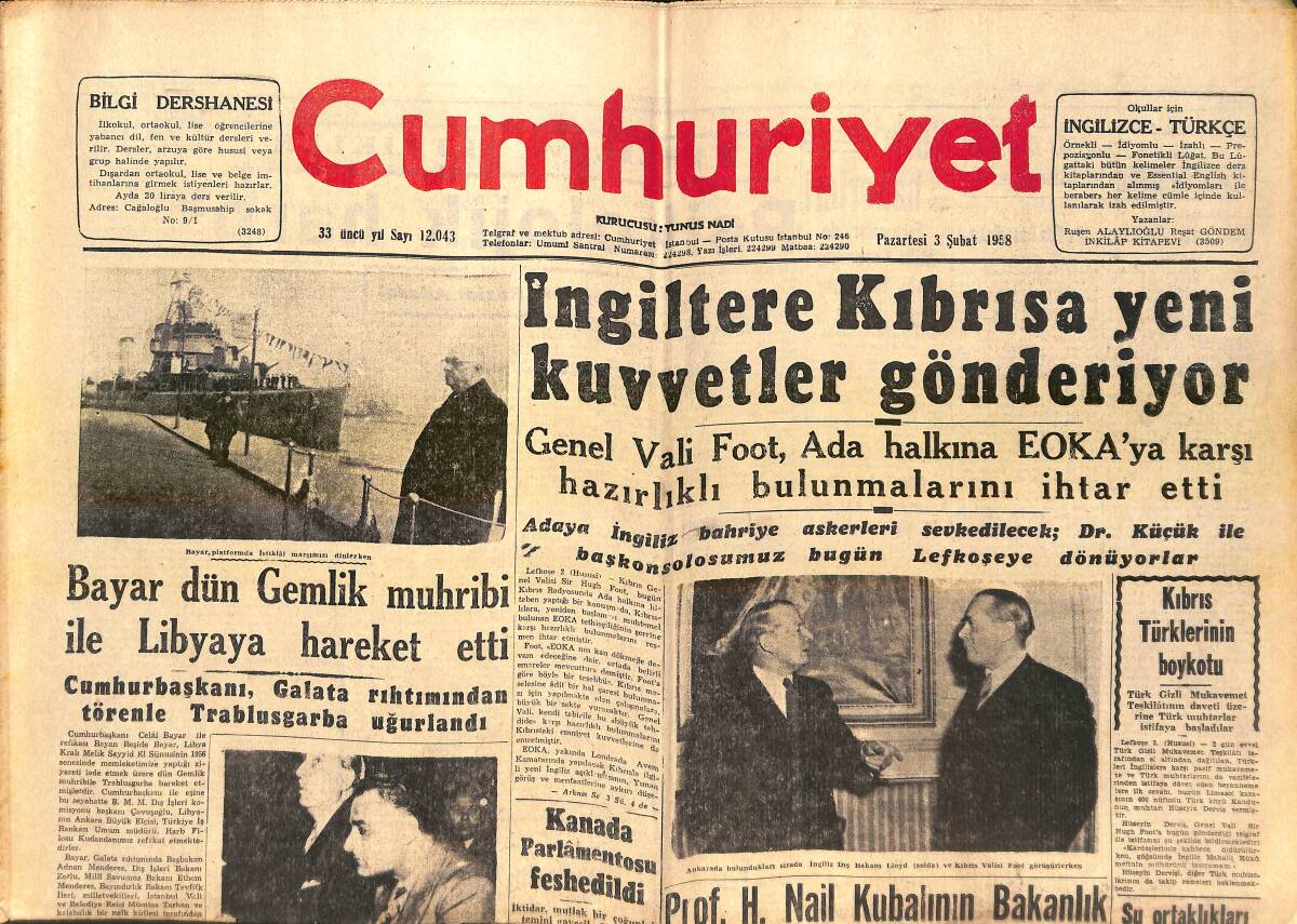 Cumhuriyet Gazetesi 3 Şubat 1958 - Celal Bayar Dün Gemlik Muhribi İle Libya'ya Hareket Etti - Edirne'de Büyük Bir Kahve Kaçakçılığı! GZ139226 - 1