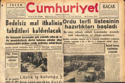 Cumhuriyet Gazetesi 3 Temmuz 1959 - Bedelsiz Mal İthalinin Tahditleri Kaldırılacak - Küçükyalı Faciasının Duruşması GZ120144 - 1