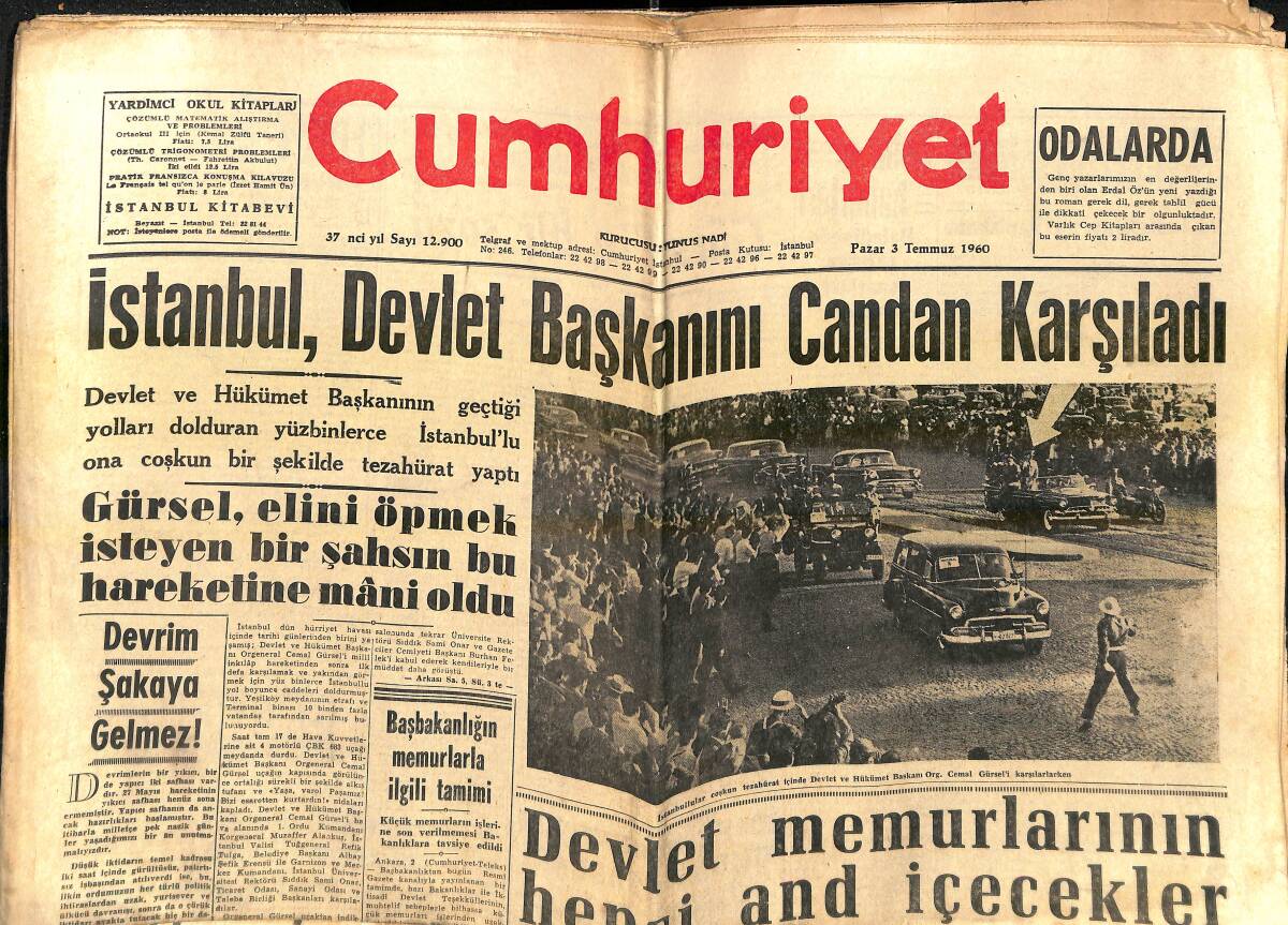 Cumhuriyet Gazetesi 3 Temmuz 1960 - İstanbul, Devlet Başkanını Candan Karşıladı - Devlet Memurlarının Hepsi And İçecekler - F.Bahçe-G.Saray Final GZ139117 - 1