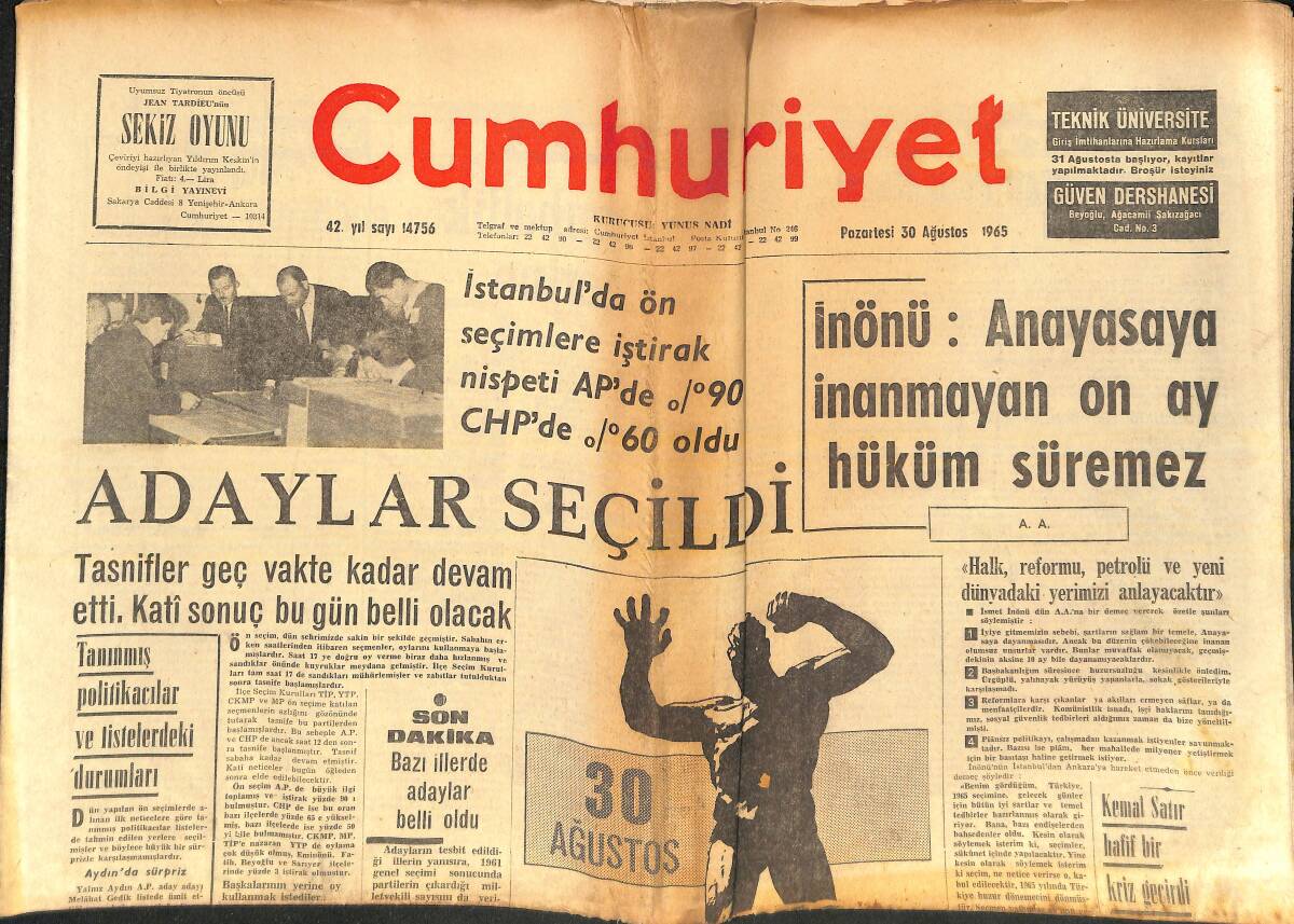 Cumhuriyet Gazetesi 30 Ağustos 1965 - Gemini-5 Dünyaya Döndü - Irak'ta Bir Komplo Meydana Çıkarıldı - Galatasaray 4-0 Feriköy GZ138981 - 1