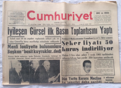 Cumhuriyet Gazetesi 30 Aralık 1960 - İyileşen Gürsel İlk Basın Toplantısını Yaptı - GZ19364 - 1