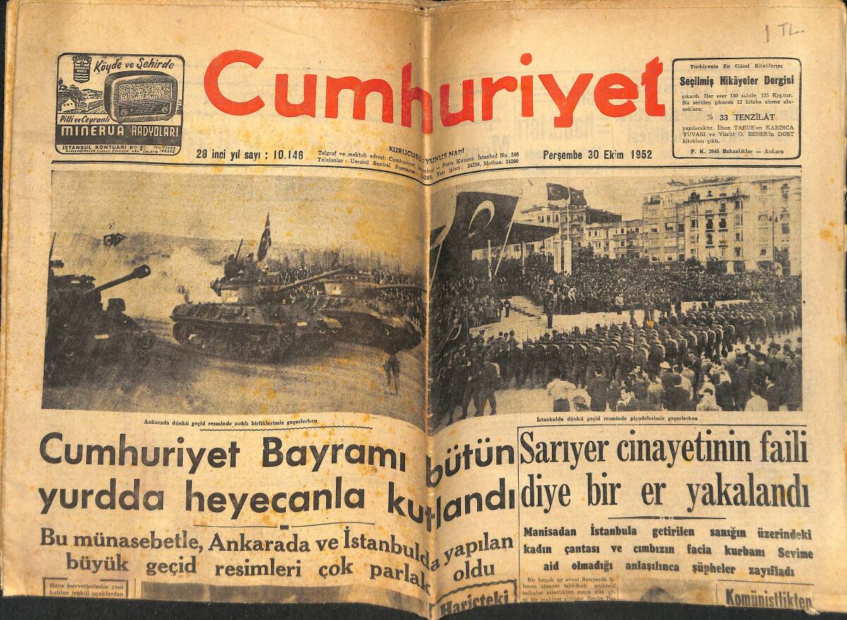 Cumhuriyet Gazetesi 30 Ekim 1952 - Cumhuriyet Bayramı Bütün Yurdda Heyecanla Kutlandı - Kızıl Şair Nazım'ın İstanbul'dan Nasıl Kaçtığı Anlaşıldı GZ153757 - 1