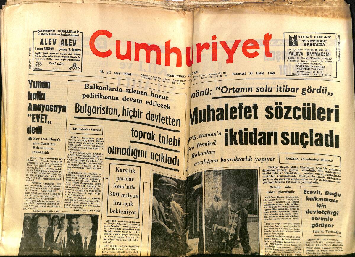 Cumhuriyet Gazetesi 30 Eylül 1968 - Ecevit, Doğu Kalkınması İçin Devletçiliği Zorunlu Görüyor - Hamido Hükümetin Şerefini Düşündüğü İçin Dağa Çıkmış GZ140011 - 1