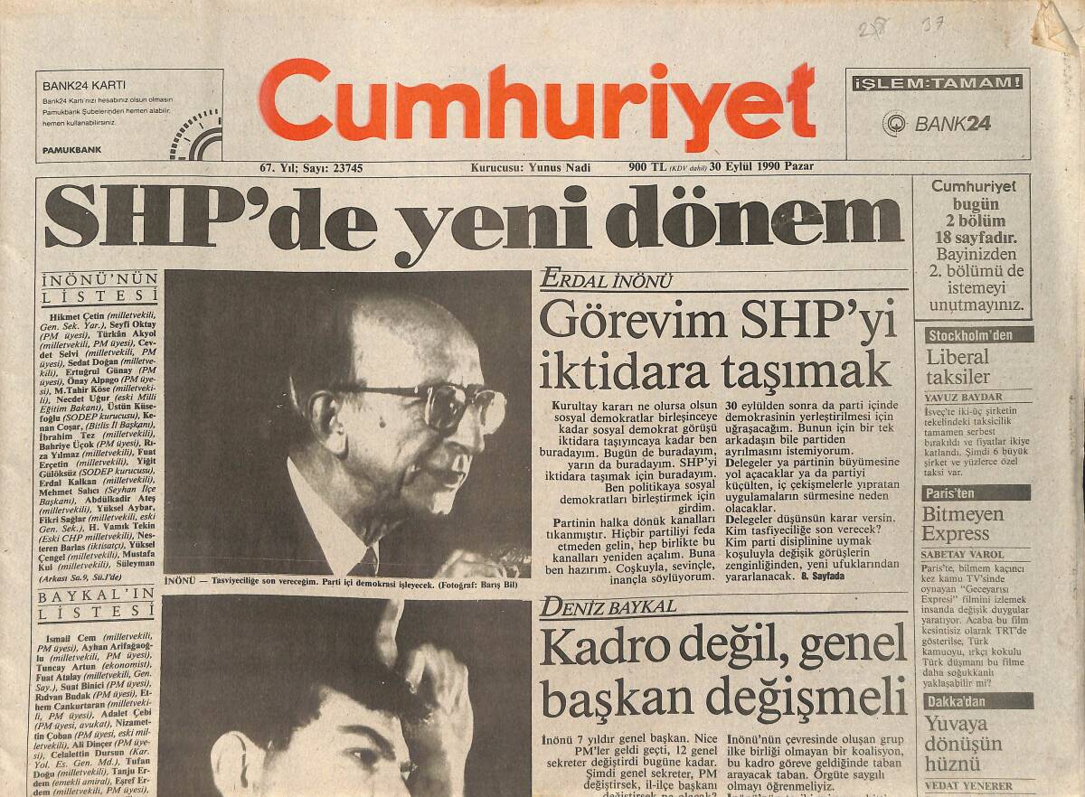 Cumhuriyet Gazetesi 30 Eylül 1990 - SHP'de Yeni Dönem - Fenerbahçe'ye Bir Darbe De Sarıyer'den GZ2106 - 1