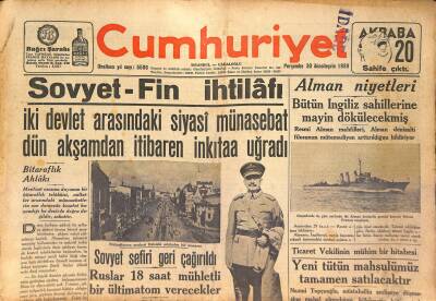 Cumhuriyet Gazetesi 30 Kasım 1939 - Sovyet Sefiri Geri Çağrıldı - Sovyet-Fin İhtilâfı GZ125302 - 1