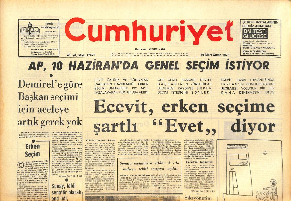 Cumhuriyet Gazetesi 30 Mart 1973 - Bülent Ecevit , Erken Seçime Şartlı evet Diyor - Puttemans: Rekorlarda Hudut Tanımıyorum! GZ142607 - 1