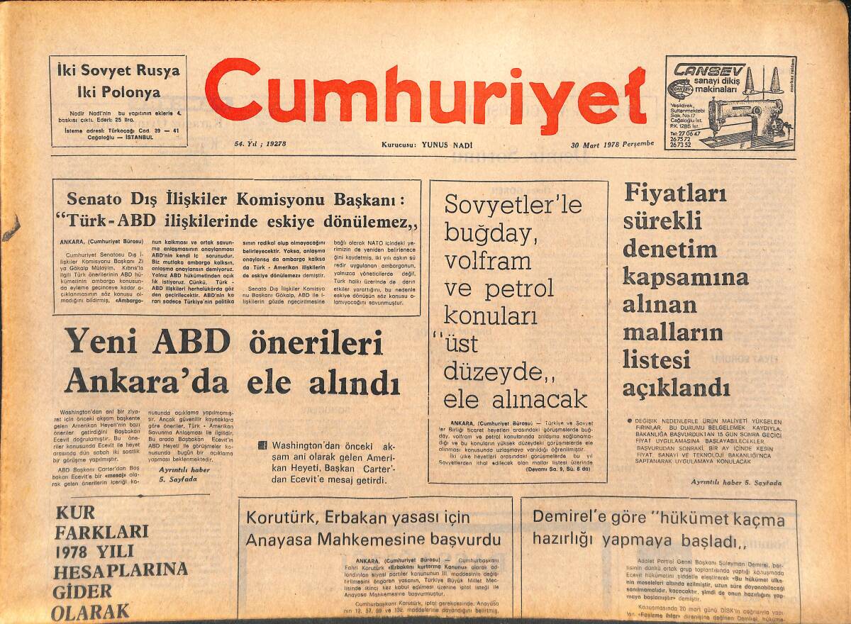 Cumhuriyet Gazetesi 30 Mart 1978 - Yeni ABD Önerileri Ankara'da Ele Alındı! - Almanya'da Lokavt Yasaları Açıklığa Kavuşturulmalı GZ143228 - 1