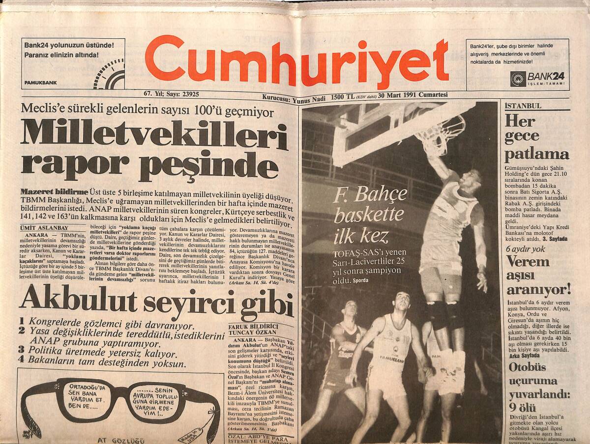 Cumhuriyet Gazetesi 30 Mart 1991 - Akbulut Seyirci Gibi - Kürtler Kerkük'ten Çekildi GZ151955 - 1