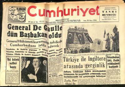 Cumhuriyet Gazetesi 30 Mayıs 1958 - General De Gaulle Dün Başbakan Oldu - Moskova İslâm Dinine Çatıyor GZ120452 - 1