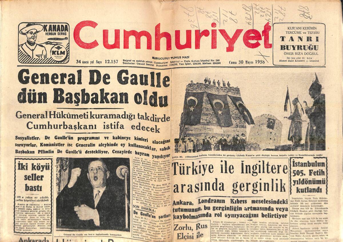 Cumhuriyet Gazetesi 30 Mayıs 1958 - Türkiye İle İngiltere Arasında Gerginlik - Hürriyet Partisinden İstifalar Çoğalıyor! GZ139071 - 1