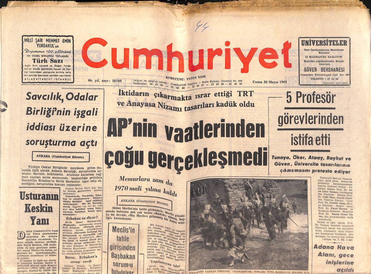 Cumhuriyet Gazetesi 30 Mayıs 1969 - AP'NİN Vaatlerinden Çoğu Gerçekleşmedi - Süleyman Demirel: Hedefimiz 1 Değil, 4 Türkiye'dir! GZ139964 - 1