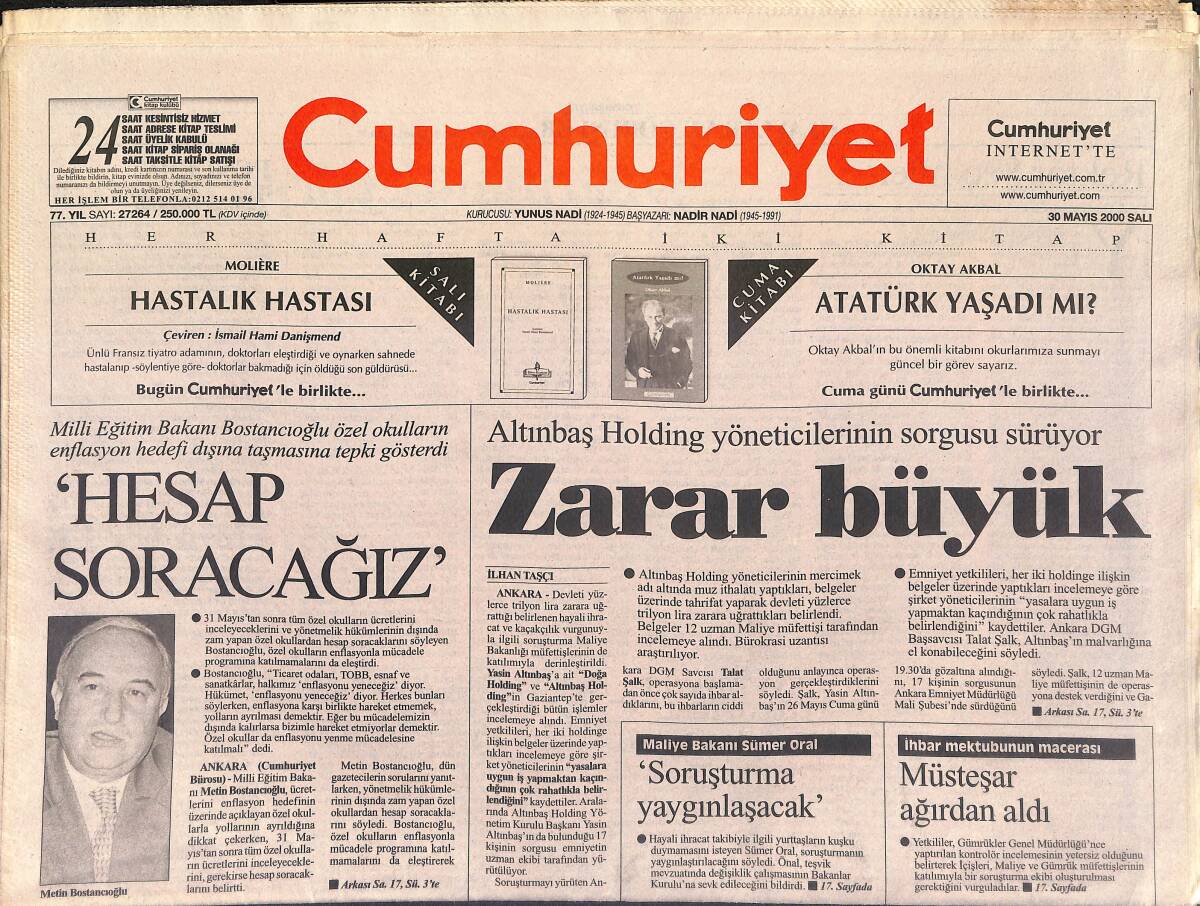 Cumhuriyet Gazetesi 30 Mayıs 2000 - Galatasaray'da Operasyonu - Futbolda Trilyon Devri GZ2997 - 1