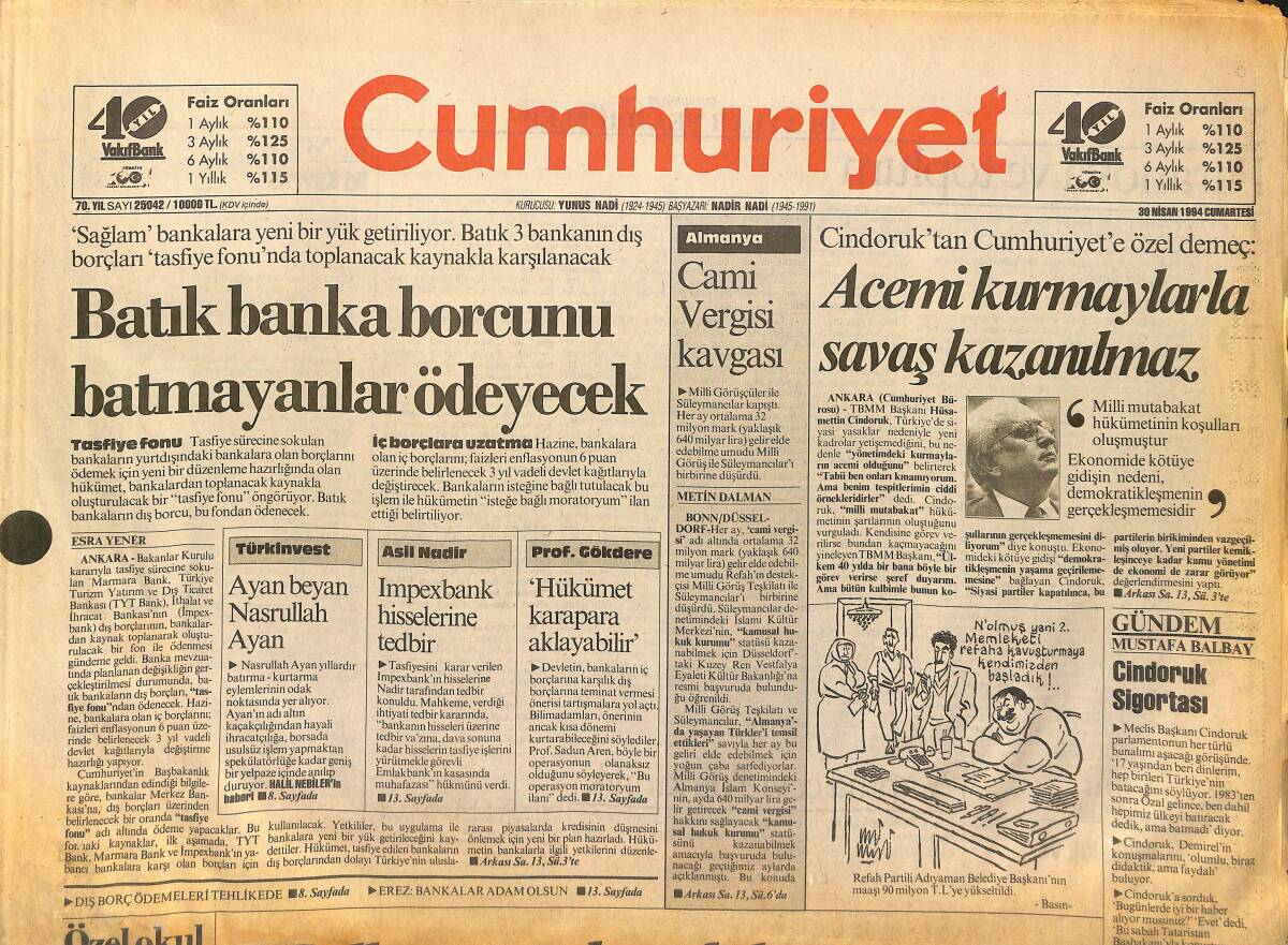 Cumhuriyet Gazetesi 30 Nisan 1994 - İstanbul Ve Ankara'da Halk Ekmek Büfeleri Ekmek Yetiştiremiyor... GZ148014 - 1