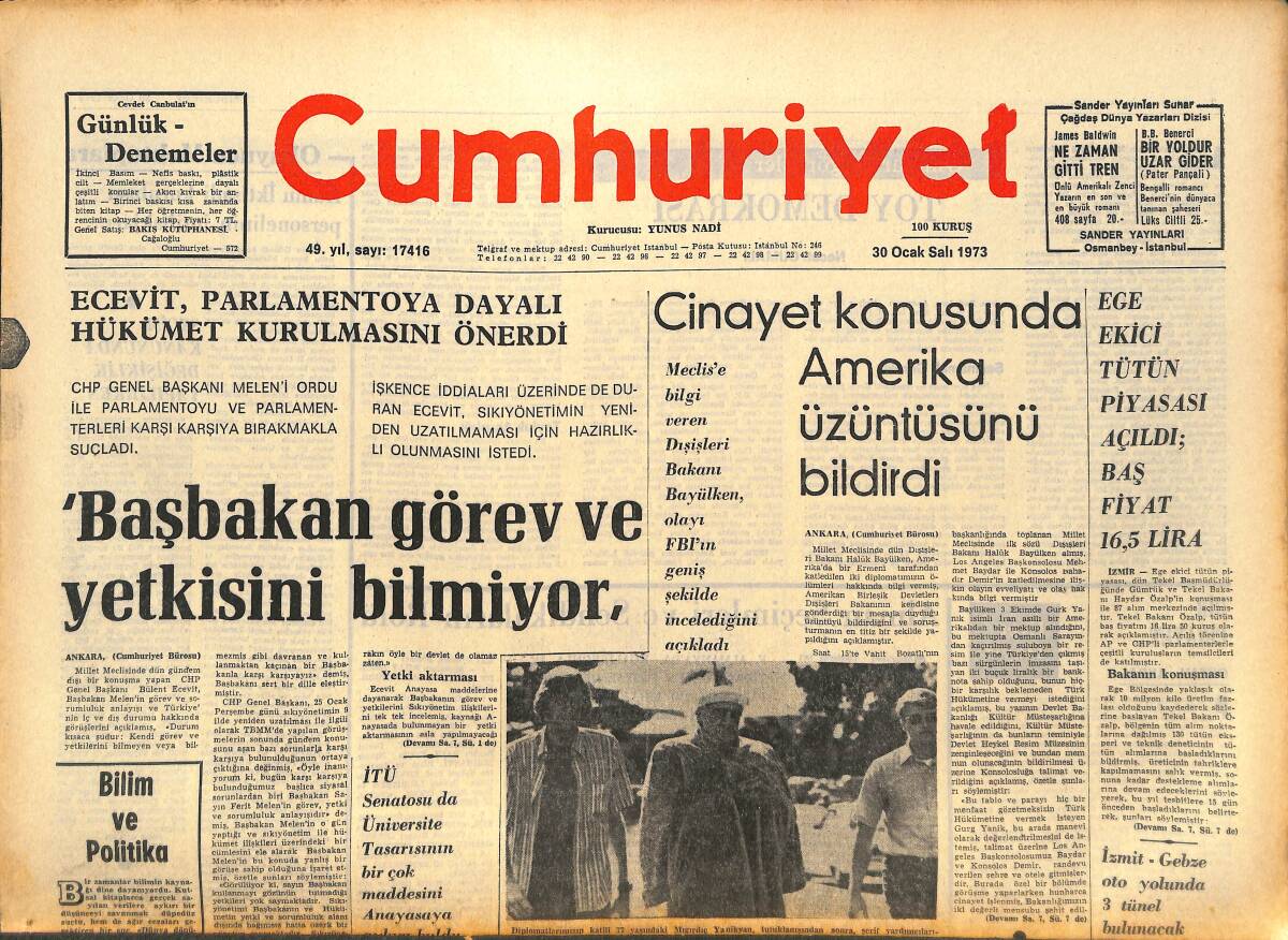 Cumhuriyet Gazetesi 30 Ocak 1973 - Başbakan Görev Ve Yetkisini Bilmiyor! - Los Angeles Olayı - Gökten Döviz Yağıyor Lapa Lapa GZ143546 - 1