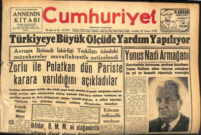 Cumhuriyet Gazetesi 30 Temmuz 1958 - Türkiyeye Büyük Ölçüde Yardım Yapılıyor - Lübnanda Başbakana Suikast GZ120163 - 1