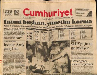 Cumhuriyet Gazetesi 30 Temmuz 1991 - İnönü Başkan , Yönetim Karma GZ65112 - 1