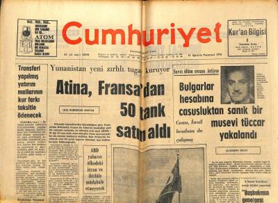 Cumhuriyet Gazetesi - 31 Ağustos 1970 - Atina Fransadan 50 Tank Satın Aldı GZ99428 - 1