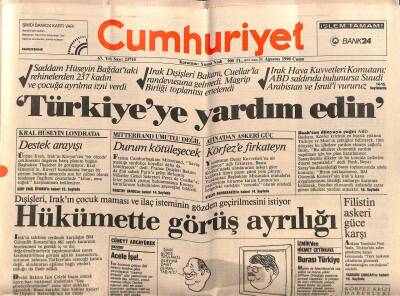 Cumhuriyet Gazetesi 31 Ağustos 1990 - Saddam Hüseyin Bağdattaki Rehinelerden 237 Kadın Ve Çocuğa Ayrılma İzni Verdi GZ87389 - 1