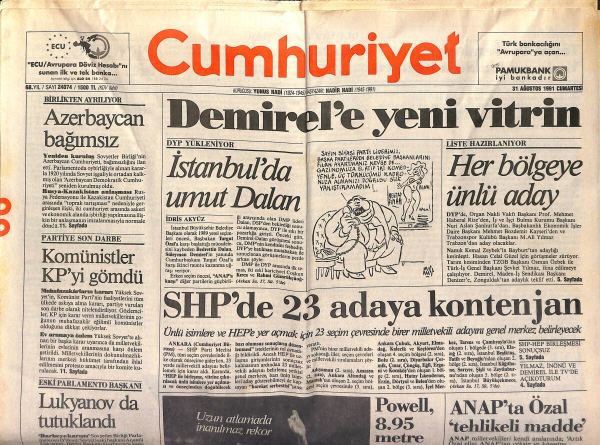Cumhuriyet Gazetesi 31 Ağustos 1991 - Lukyanov da Tutuklandı - Sovyetler'de Buğday Açığı GZ151659 - 1