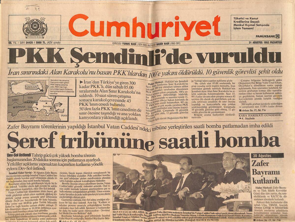 Cumhuriyet Gazetesi 31 Ağustos 1992 - PKK Şemdinli'de Vuruldu - SHP'de Ayrılık Rüzgarları GZ151976 - 1