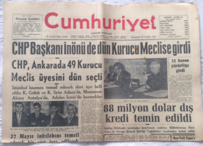Cumhuriyet Gazetesi 31 Aralık 1960 - CHP Başkanı İnönüde Dün Kurucu Meclise Girdi - GZ19365 - 1
