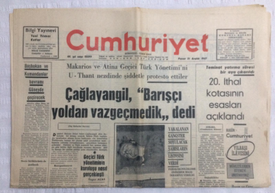 Cumhuriyet Gazetesi 31 Aralık 1967 - Çağlayangil, Barışçı Yoldan Vazgeçmedik Dedi - GZ19526 - 1