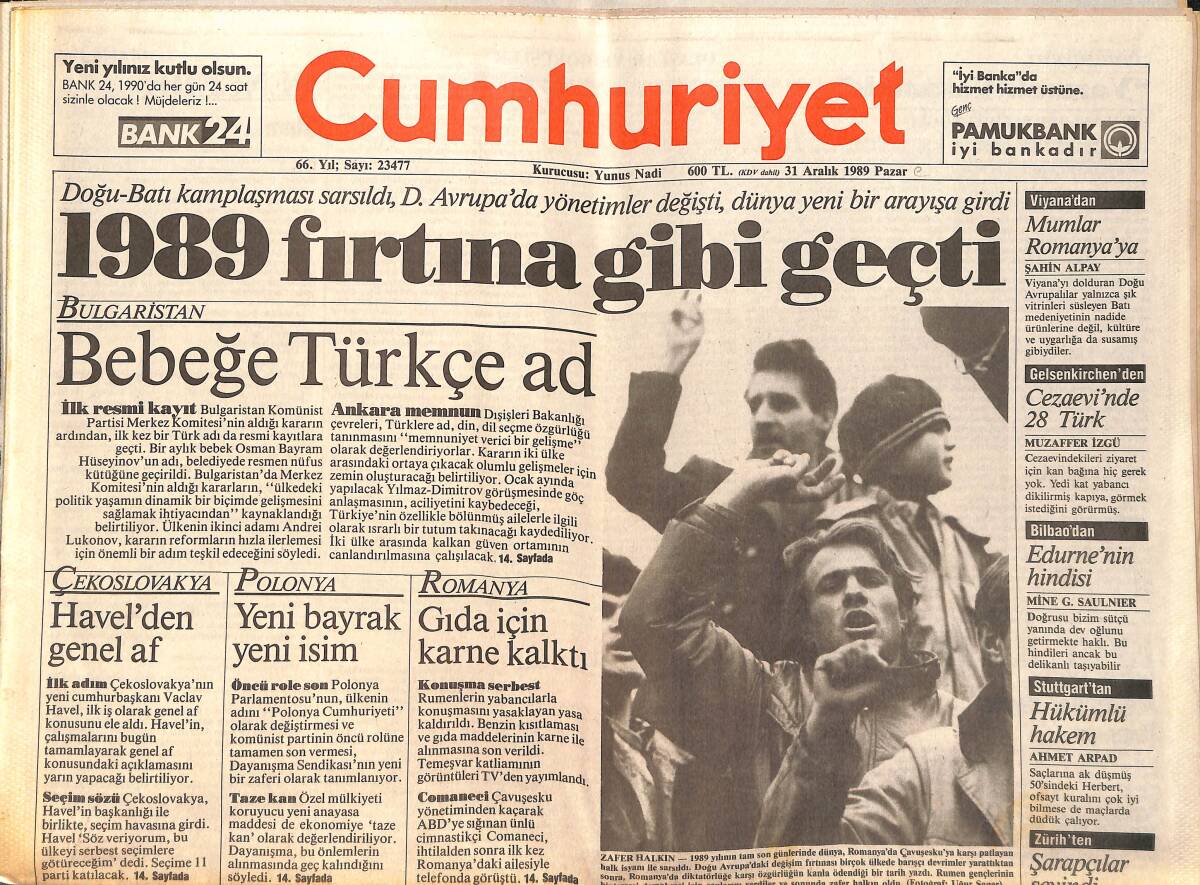Cumhuriyet Gazetesi 31 Aralık 1989 - Havel'den Genel Af - Ankara'dan Sofya'ya Sıcak Bakış GZ157209 - 1