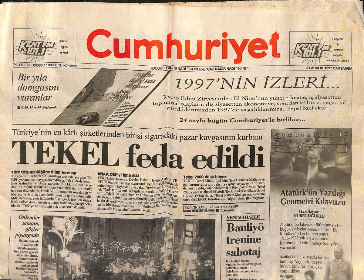 Cumhuriyet Gazetesi 31 Aralık 1997 - Jordan Rekor Kırdı - Diana Yine Manşetlerdeydi GZ157502 - 1
