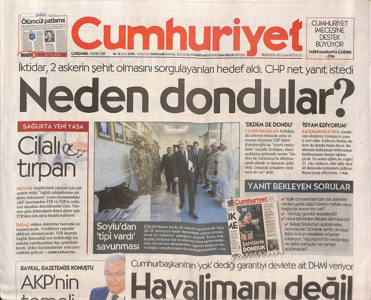 Cumhuriyet Gazetesi 31 Ekim 2018 - Havalimanı Değil Devlet Uçuracak - AİHM'den Ders Gibi Karar GZ135510 - 1