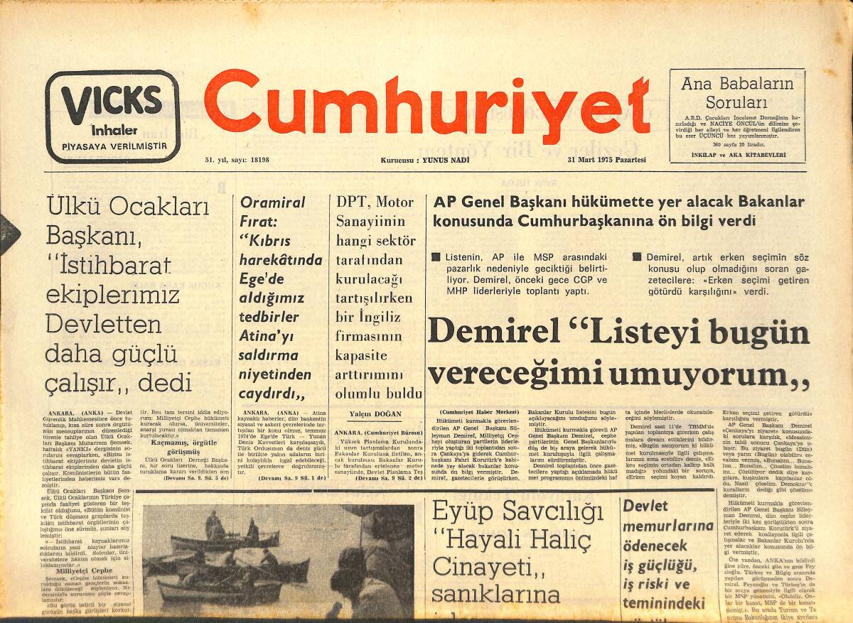 Cumhuriyet Gazetesi 31 Mart 1975 - Irak'tan Kaçmak İsteyen Kürtler Türkiye'ye Sığınmakta Israr Ediyor! - Türkiye'de TV Patlaması GZ143245 - 1