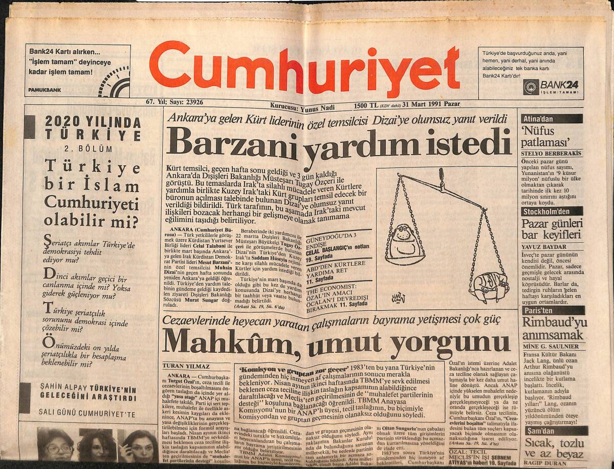 Cumhuriyet Gazetesi 31 Mart 1991 - Barzani Yardım İstedi - Kıbrıs İçin Bir Adım Daha GZ151954 - 1