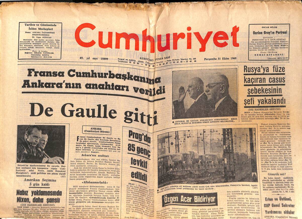Cumhuriyet Gazetesi 31 Nisan 1968 - Fransa Cumhurbaşkanına Ankara'nın Anahtarı Verildi - De Gaulle Gitti - Pilotlu Sovyet Uzay Aracı Dünya'ya Döndü GZ139787 - 1