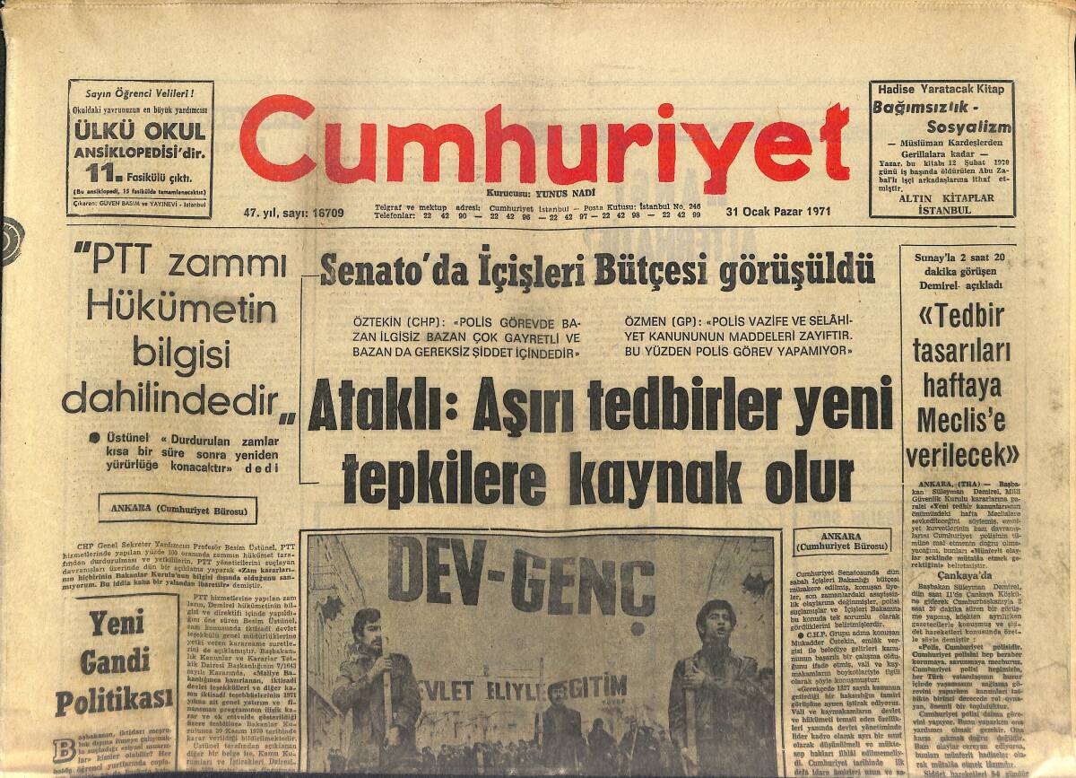 Cumhuriyet Gazetesi 31 Ocak 1971 - Türk Otomotiv Sanayiinin En Büyük Adımı: Tofaş - Yeni Gandi Politikası GZ147808 - 1