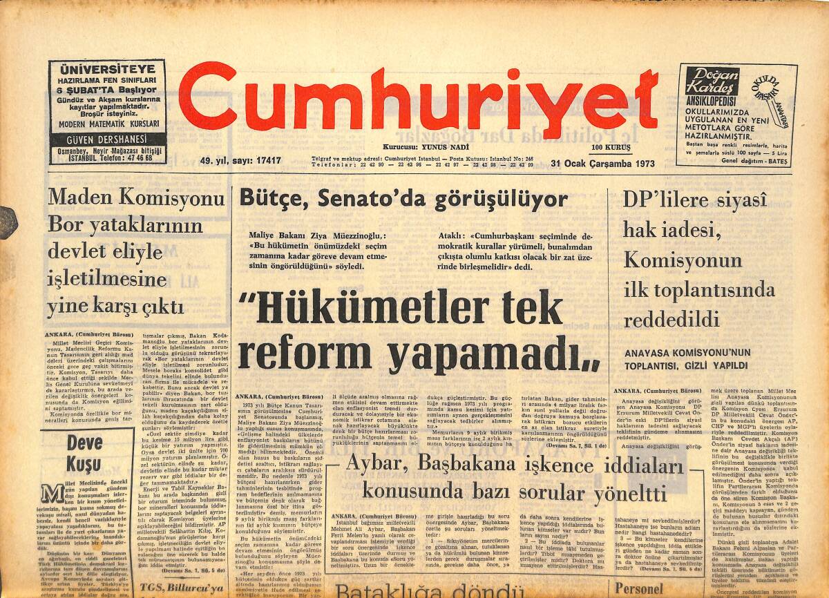 Cumhuriyet Gazetesi 31 Ocak 1973 - Almanya'da Futbol, Seyircisini Yüzde 70 Kaybetti - Hükümetler Tek Reform Yapamadı GZ143543 - 1