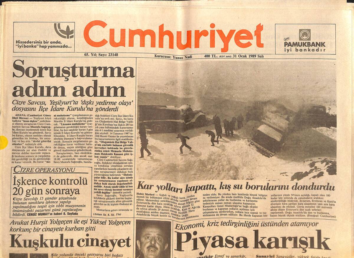Cumhuriyet Gazetesi 31 Ocak 1989 - Vasiliu, Maraş'ı İstedi - Hitler Berlin'de Güldü - Tanju'nun Anahtarı Kimde? GZ140058 - 1