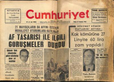 Cumhuriyet Gazetesi 31 Temmuz 1966 - Kok Kömürüne 27 Linyite 60 Lira Zam Yapıldı ! GZ85497 - 1